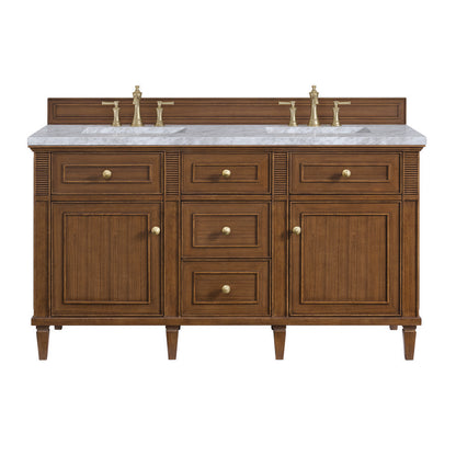 James Martin - Lorelai 60" Double Vanity, Mid-Century Walnut w/ 3 CM Carrara White Marble Top - 424-V60D-WLT-3CAR view 1