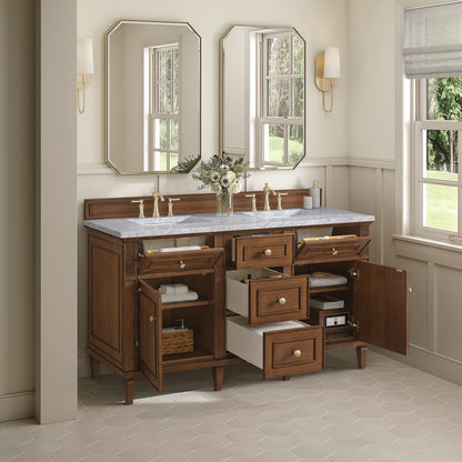James Martin - Lorelai 60" Double Vanity, Mid-Century Walnut w/ 3 CM Carrara White Marble Top - 424-V60D-WLT-3CAR view 5