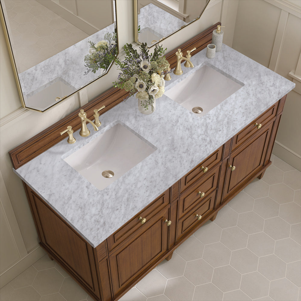 James Martin - Lorelai 60" Double Vanity, Mid-Century Walnut w/ 3 CM Carrara White Marble Top - 424-V60D-WLT-3CAR view 7