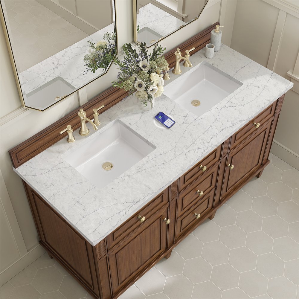 James Martin - Lorelai 60" Double Vanity, Mid-Century Walnut w/ 3 CM Eternal Jasmine Pearl Silestone Top w/FreePower Wireless Charger - 424-V60D-WLT-FEJP view 8