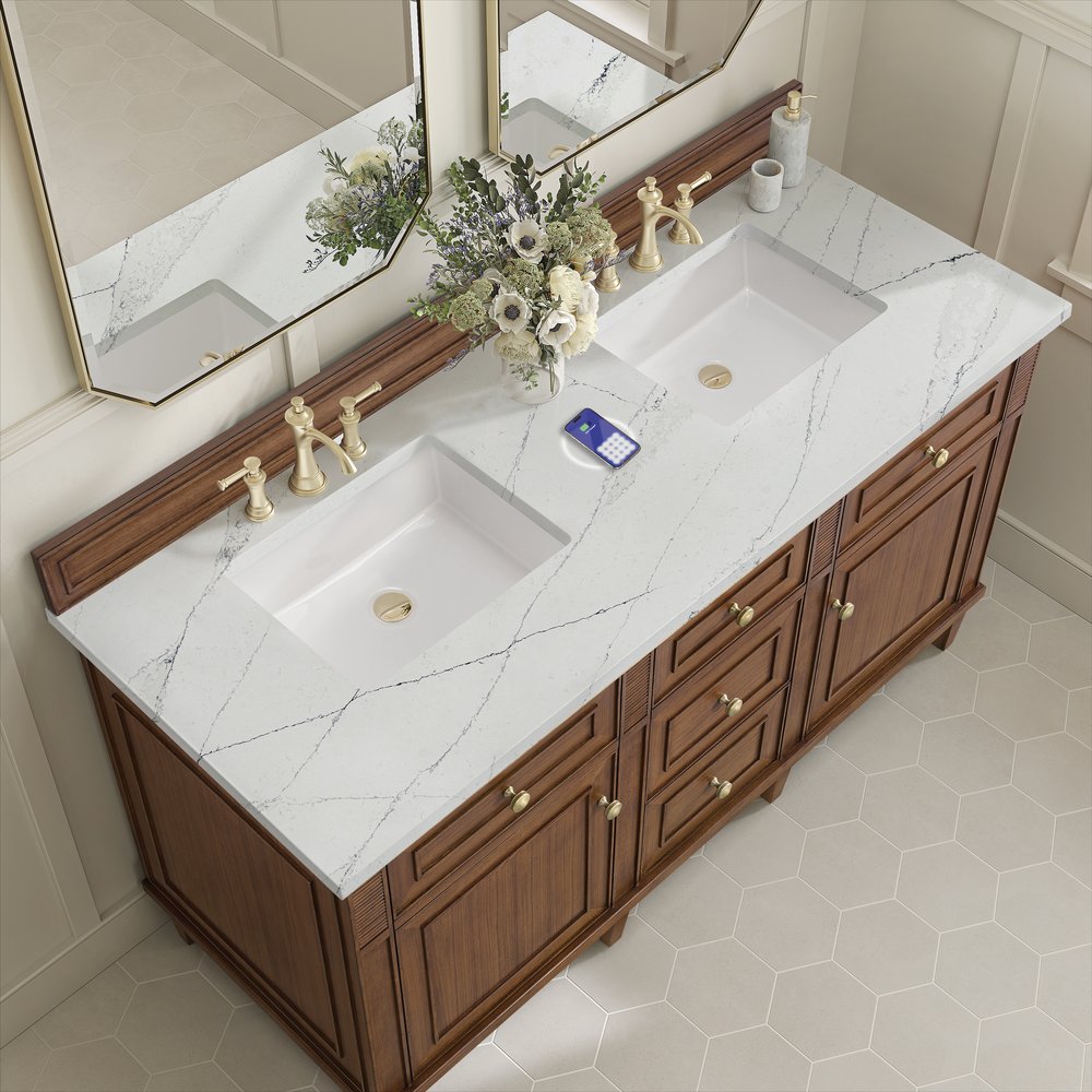 James Martin - Lorelai 60" Double Vanity, Mid-Century Walnut w/ 3 CM Ethereal Noctis Silestone Top w/FreePower Wireless Charger - 424-V60D-WLT-FENC view 8