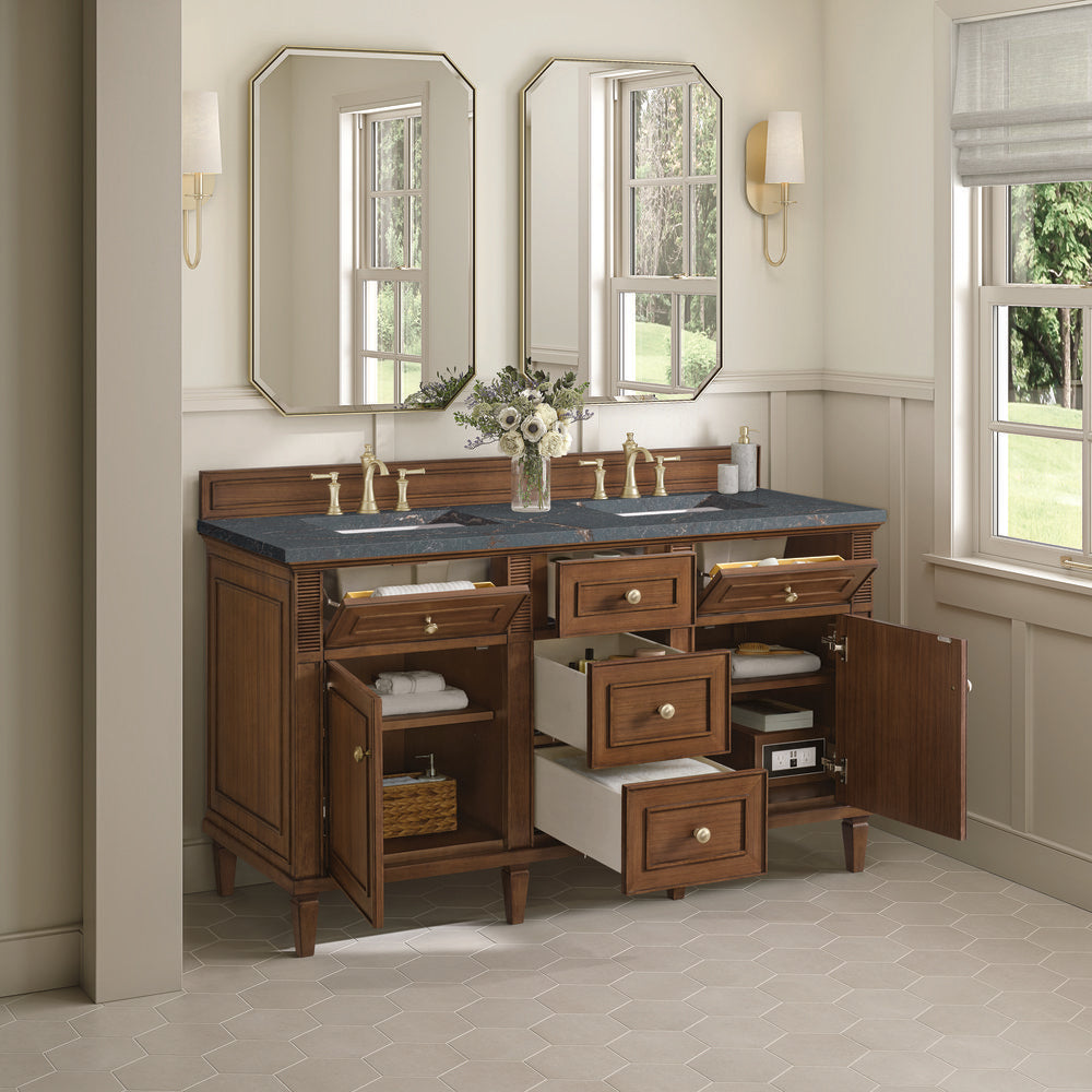 James Martin - Lorelai 60" Double Vanity, Mid-Century Walnut w/ 3 CM Parisien Bleu Silestone Top - 424-V60D-WLT-3PBL view 5