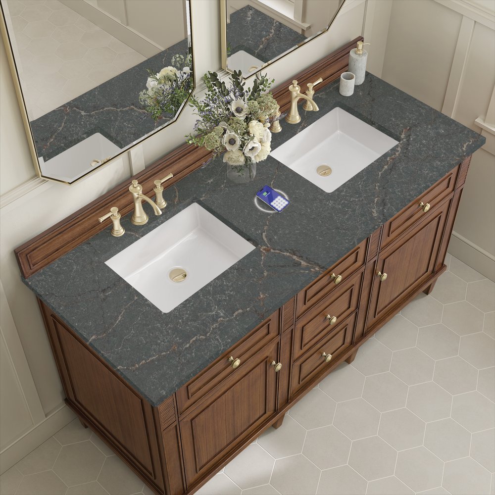 James Martin - Lorelai 60" Double Vanity, Mid-Century Walnut w/ 3 CM Parisien Bleu Silestone Top w/FreePower Wireless Charger - 424-V60D-WLT-FPBL view 8