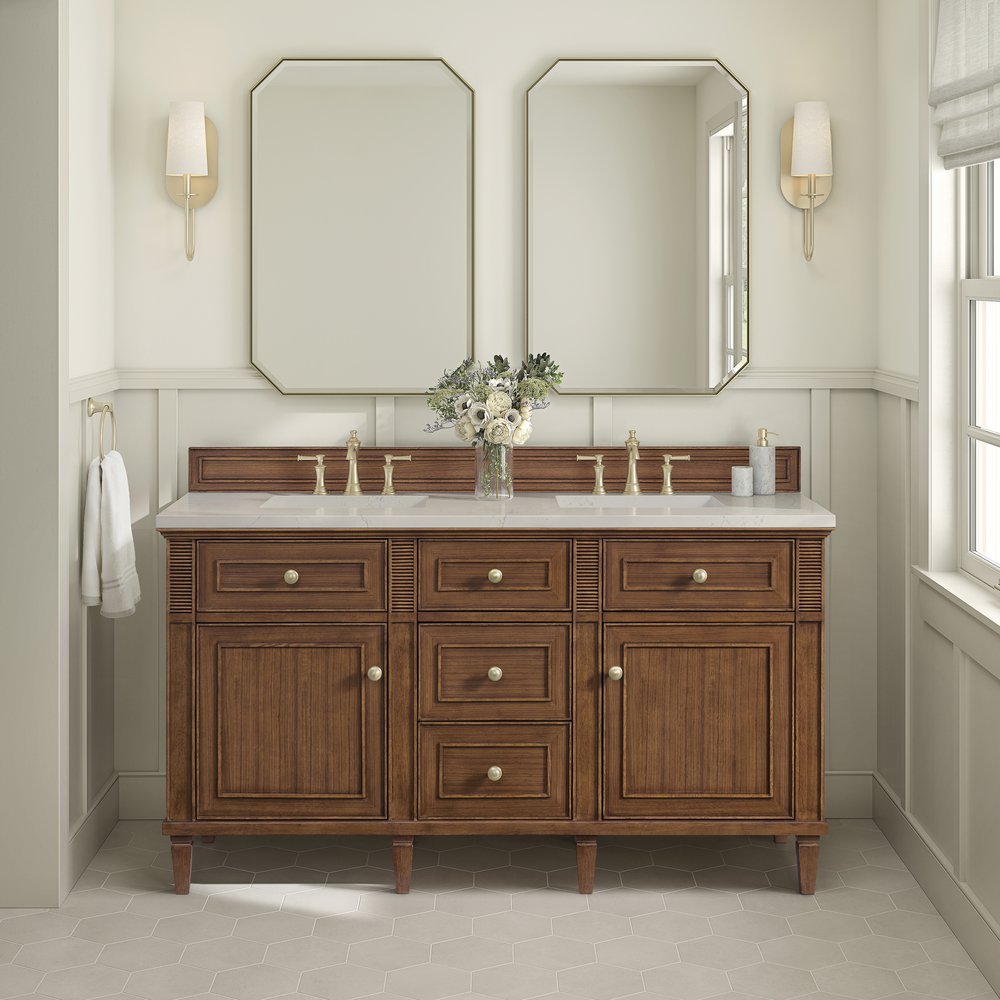 James Martin - Lorelai 60" Double Vanity, Mid-Century Walnut, w/ 3 CM Siberian Silestone Top w/FreePower Wireless Charger - 424-V60D-WLT-FSFR view 3