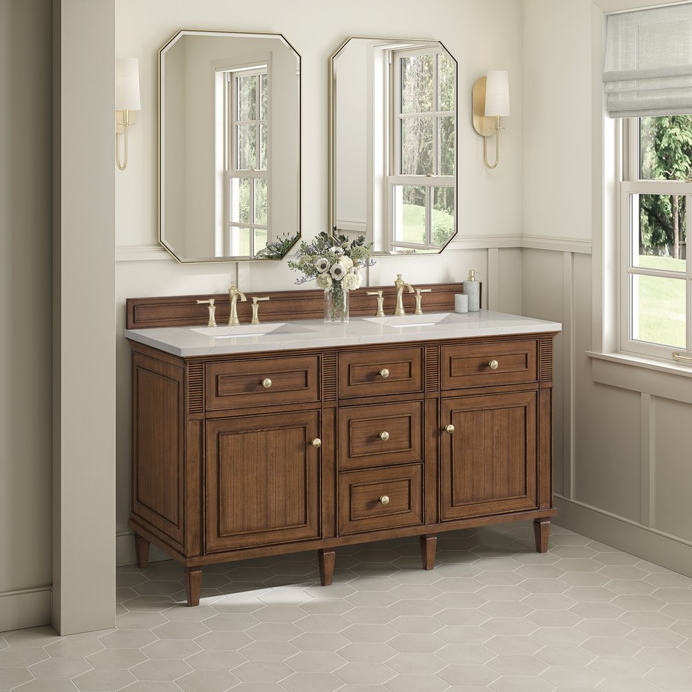 James Martin - Lorelai 60" Double Vanity, Mid-Century Walnut, w/ 3 CM Siberian Silestone Top w/FreePower Wireless Charger - 424-V60D-WLT-FSFR view 4