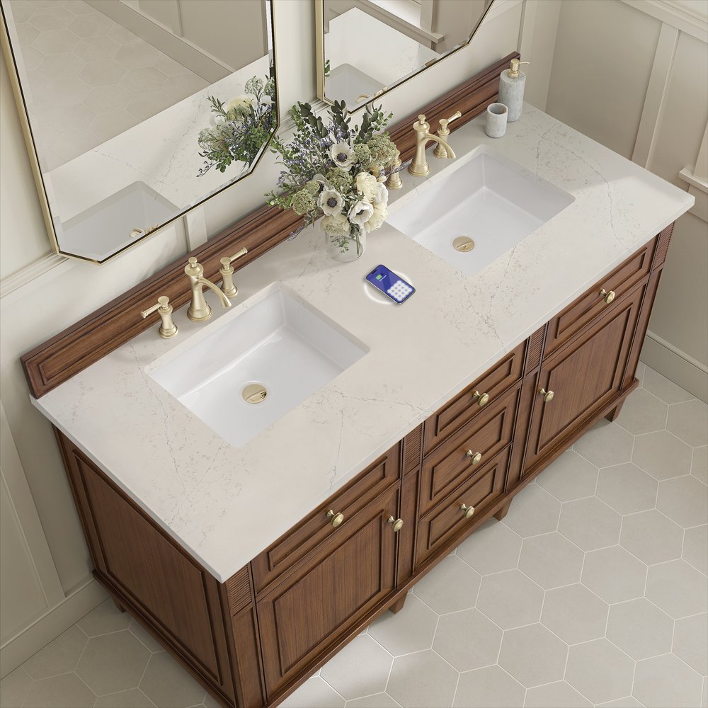 James Martin - Lorelai 60" Double Vanity, Mid-Century Walnut, w/ 3 CM Siberian Silestone Top w/FreePower Wireless Charger - 424-V60D-WLT-FSFR view 7