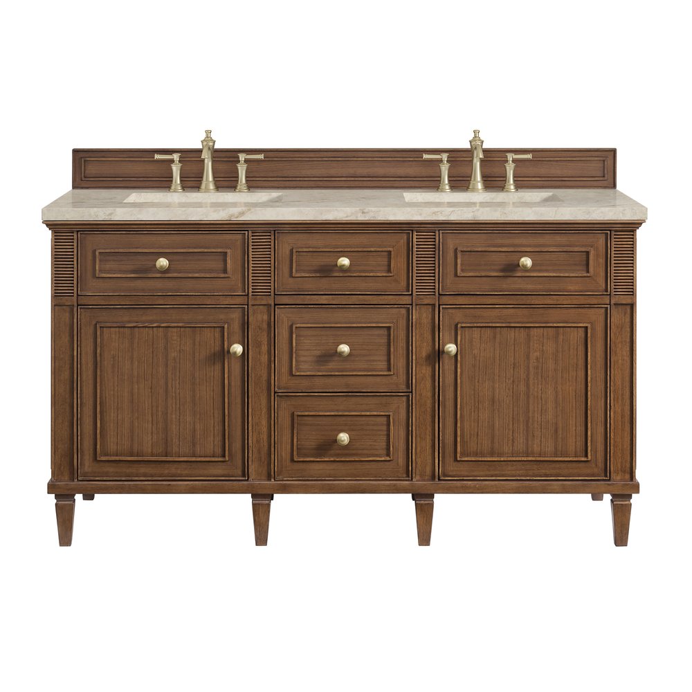 James Martin - Lorelai 60" Double Vanity, Mid-Century Walnut, w/ 3 CM Tajnar Eclos Top w/FreePower Wireless Charger - 424-V60D-WLT-FTJR view 1