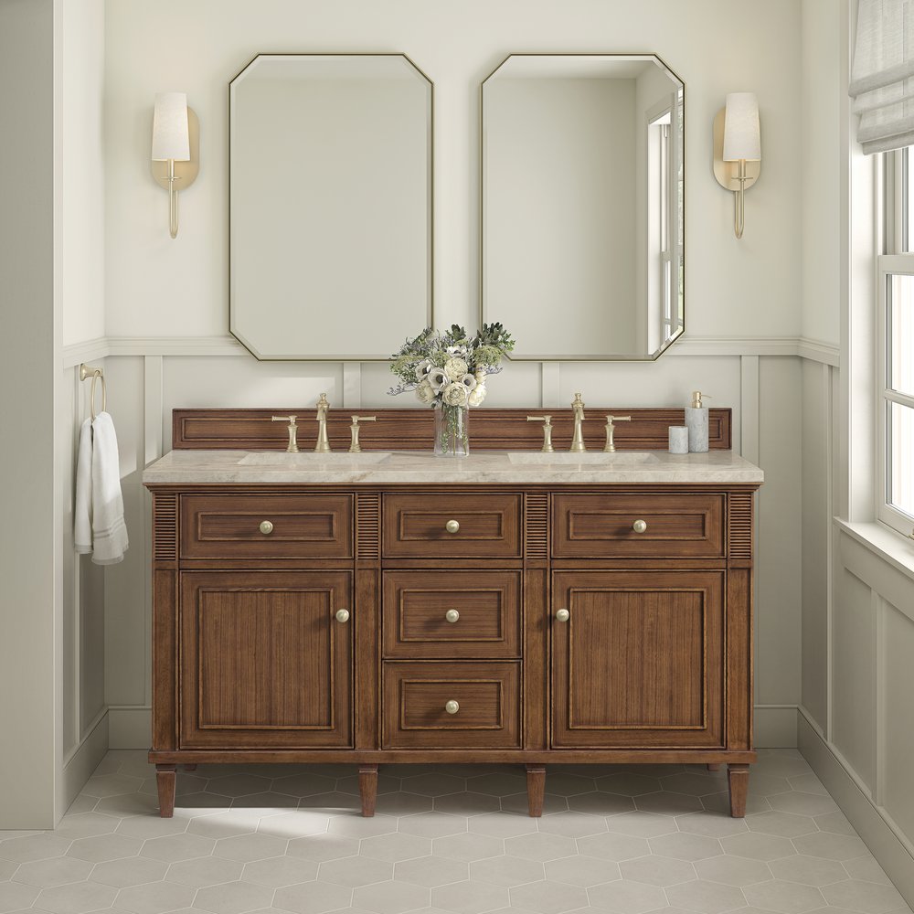 James Martin - Lorelai 60" Double Vanity, Mid-Century Walnut, w/ 3 CM Tajnar Eclos Top w/FreePower Wireless Charger - 424-V60D-WLT-FTJR view 3
