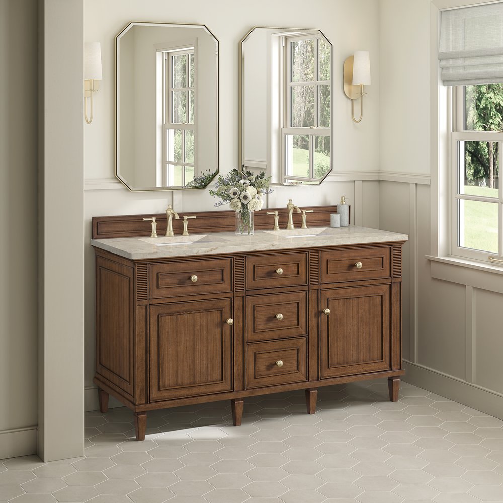 James Martin - Lorelai 60" Double Vanity, Mid-Century Walnut, w/ 3 CM Tajnar Eclos Top w/FreePower Wireless Charger - 424-V60D-WLT-FTJR view 4