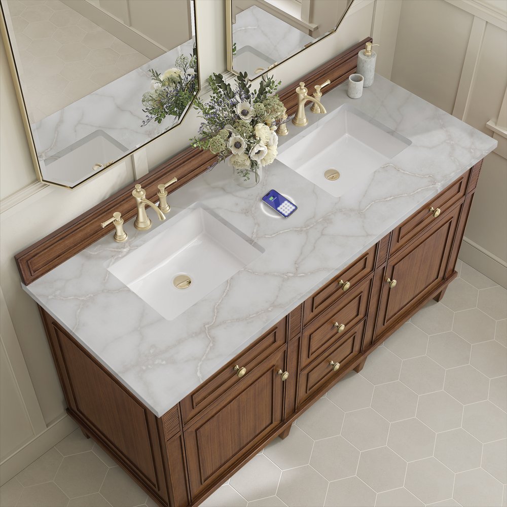 James Martin - Lorelai 60" Double Vanity, Mid-Century Walnut w/ 3 CM Victorian Silver Silestone Top w/FreePower Wireless Charger - 424-V60D-WLT-FVSL view 8