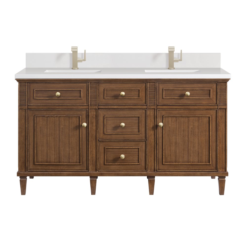 James Martin - Lorelai 60" Double Vanity, Mid-Century Walnut w/ Single Hole 3 CM White Zeus Silestone Top & Backsplash - 424-V60D-WLT-1WZ view 1
