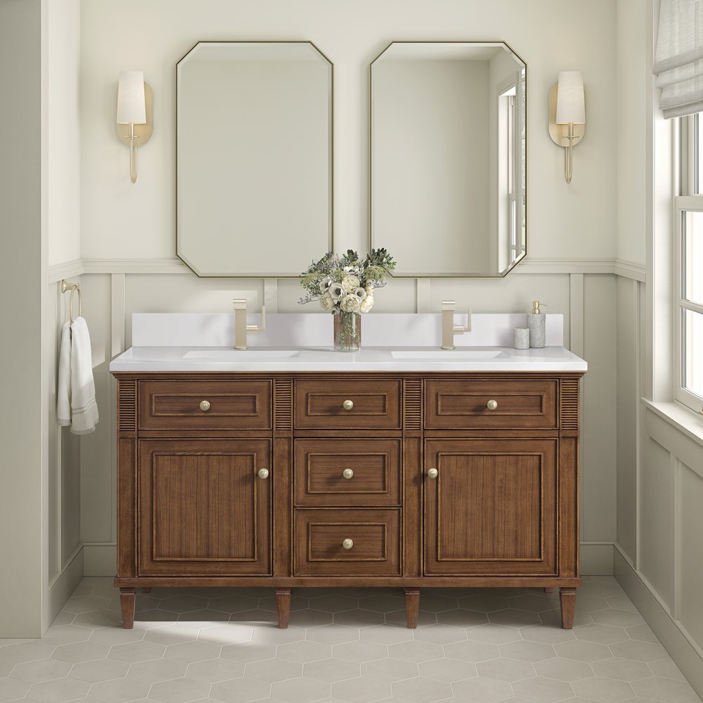 James Martin - Lorelai 60" Double Vanity, Mid-Century Walnut w/ Single Hole 3 CM White Zeus Silestone Top & Backsplash - 424-V60D-WLT-1WZ view 2