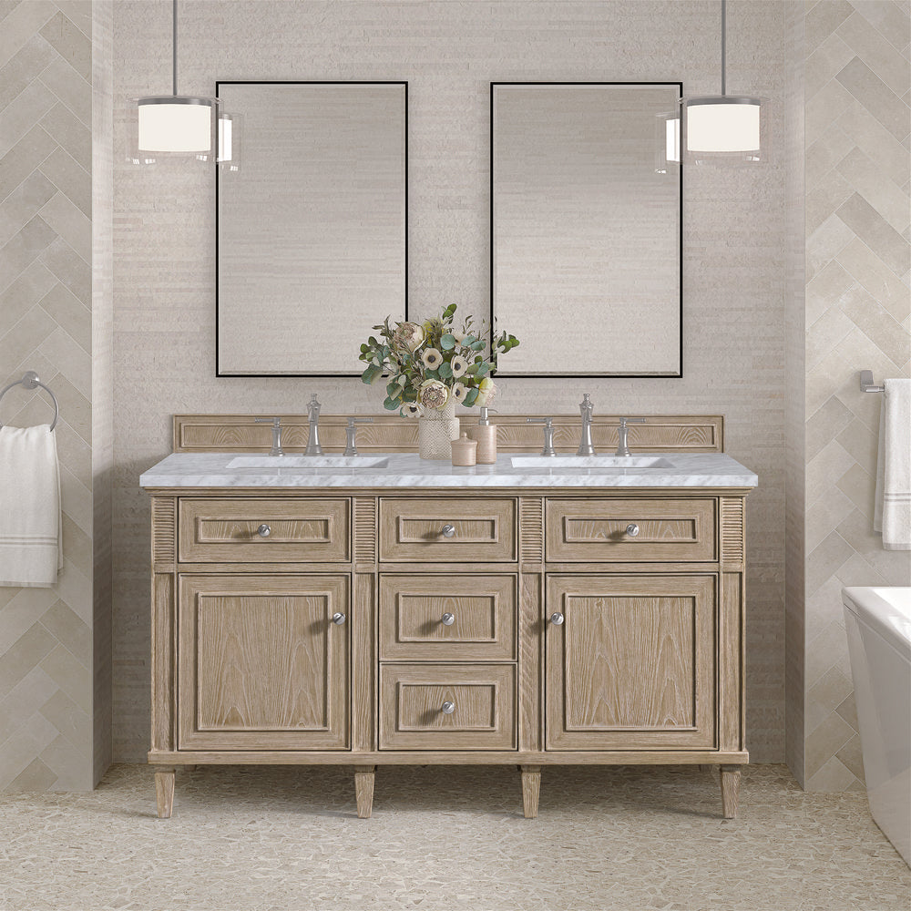 James Martin - Lorelai 60" Double Vanity, Whitewashed Oak w/ 3 CM Carrara White Marble Top - 424-V60D-WWO-3CAR view 3