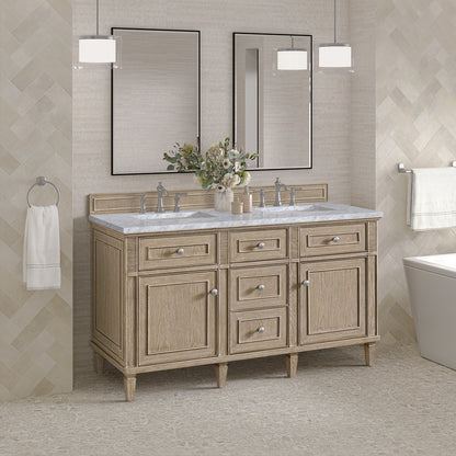 James Martin - Lorelai 60" Double Vanity, Whitewashed Oak w/ 3 CM Carrara White Marble Top - 424-V60D-WWO-3CAR view 4
