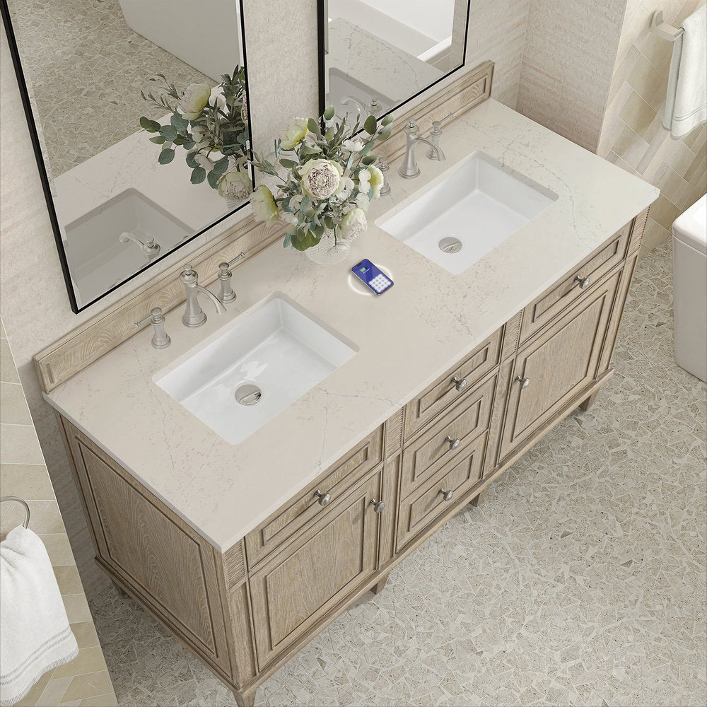James Martin - Lorelai 60" Double Vanity, Whitewashed Oak, w/ 3 CM Siberian Silestone Top w/FreePower Wireless Charger - 424-V60D-WWO-FSFR view 7