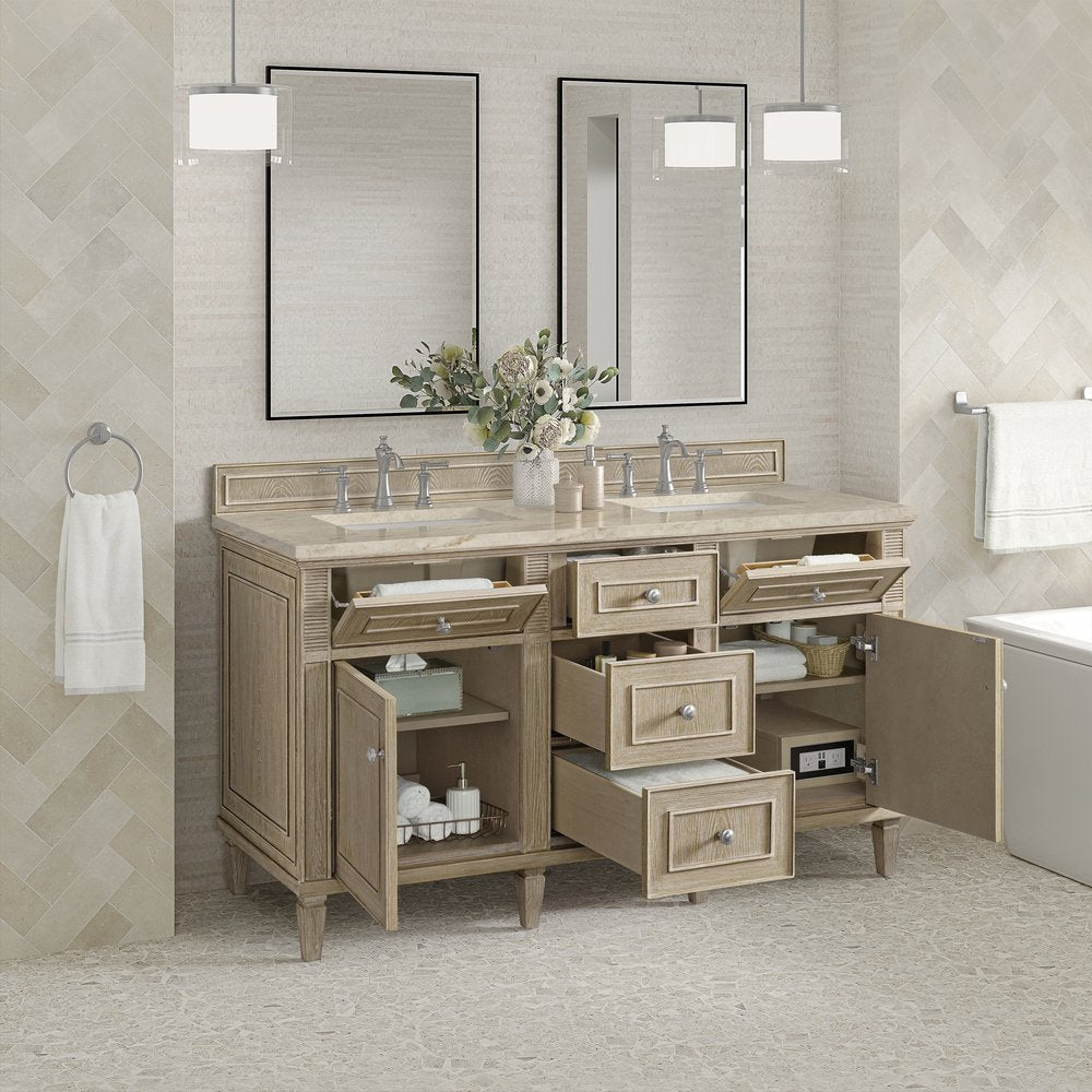James Martin - Lorelai 60" Double Vanity, Whitewashed Oak, w/ 3 CM Tajnar Eclos Top w/FreePower Wireless Charger - 424-V60D-WWO-FTJR view 5