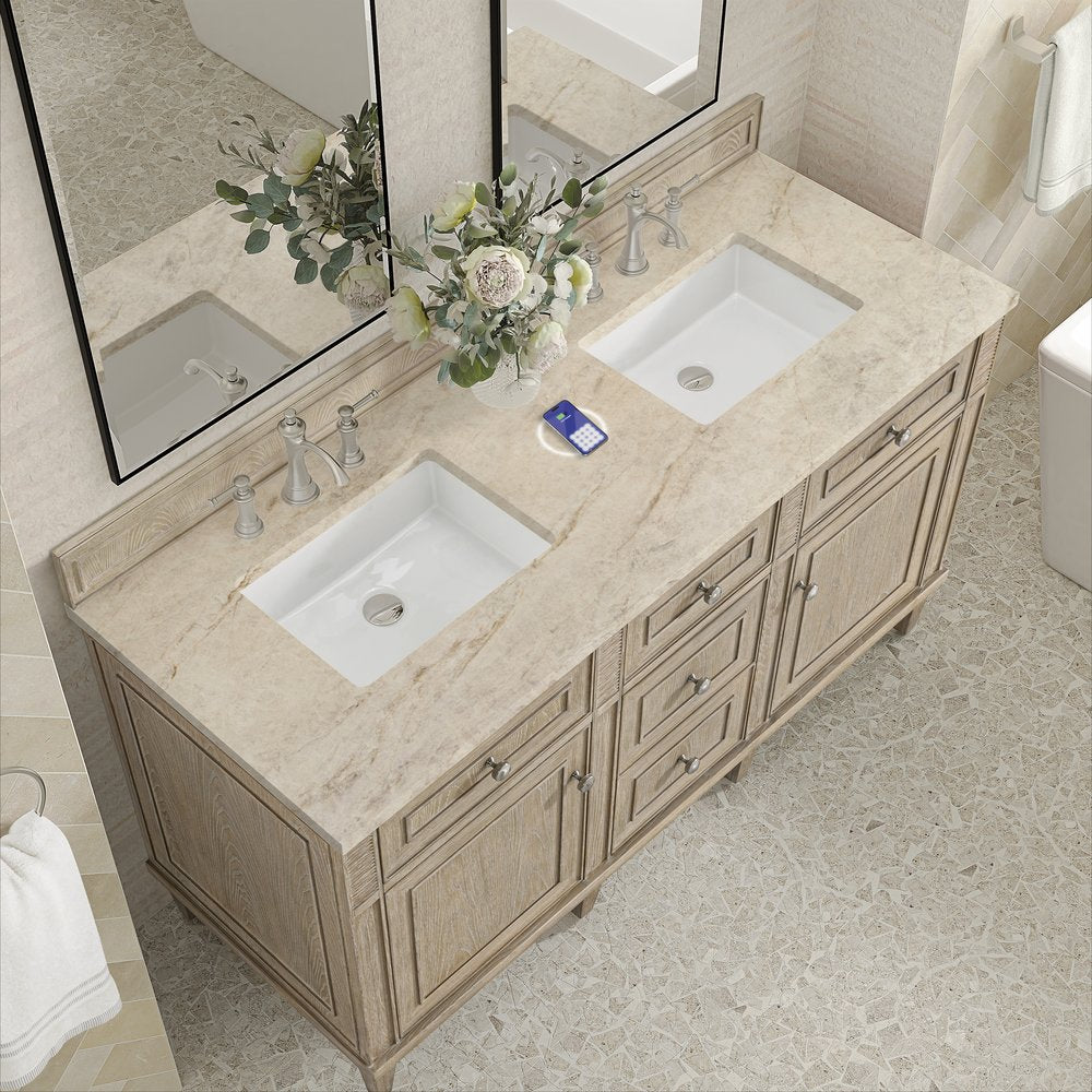 James Martin - Lorelai 60" Double Vanity, Whitewashed Oak, w/ 3 CM Tajnar Eclos Top w/FreePower Wireless Charger - 424-V60D-WWO-FTJR view 7