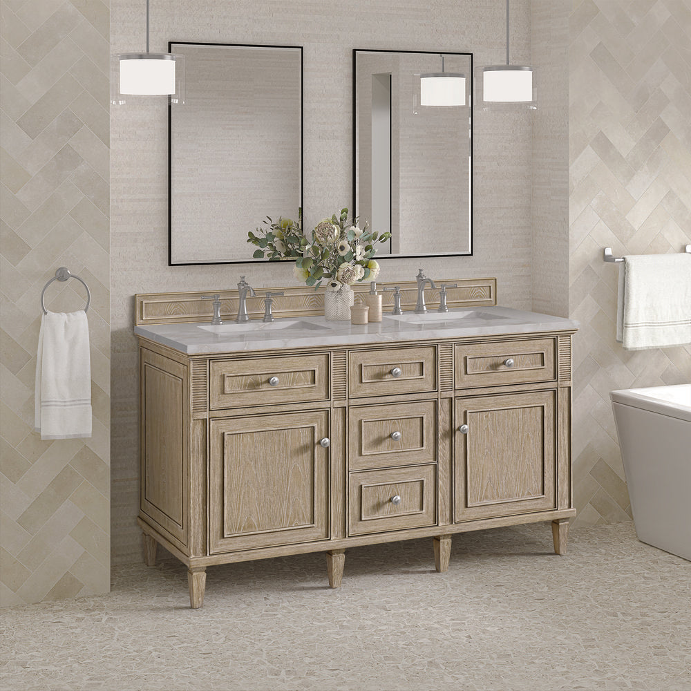 James Martin - Lorelai 60" Double Vanity, Whitewashed Oak w/ 3 CM Victorian Silver Silestone Top w/FreePower Wireless Charger - 424-V60D-WWO-FVSL view 5