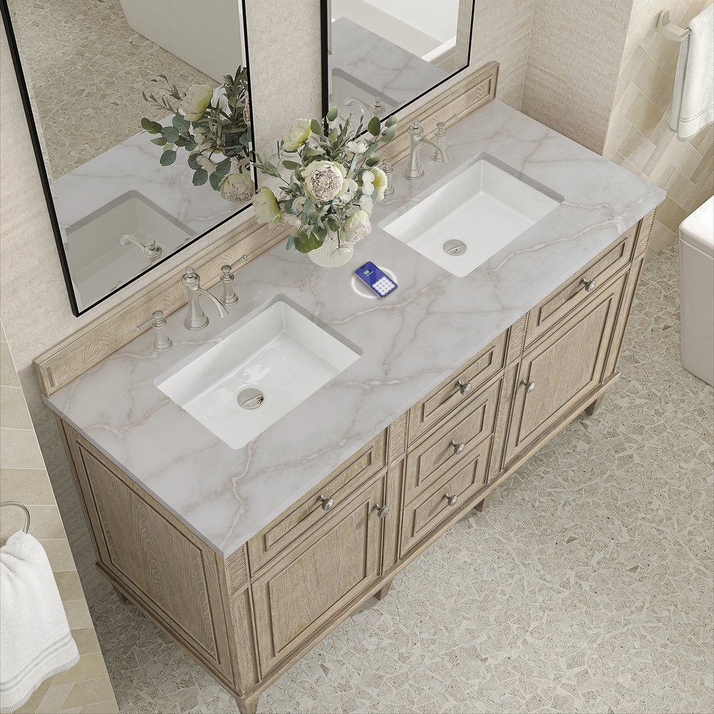 James Martin - Lorelai 60" Double Vanity, Whitewashed Oak w/ 3 CM Victorian Silver Silestone Top w/FreePower Wireless Charger - 424-V60D-WWO-FVSL view 8