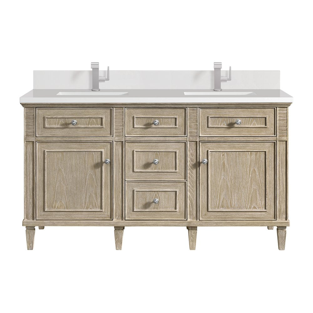 James Martin - Lorelai 60" Double Vanity, Whitewashed Oak w/ Single Hole 3 CM White Zeus Silestone Top & Backsplash - 424-V60D-WWO-1WZ view 1