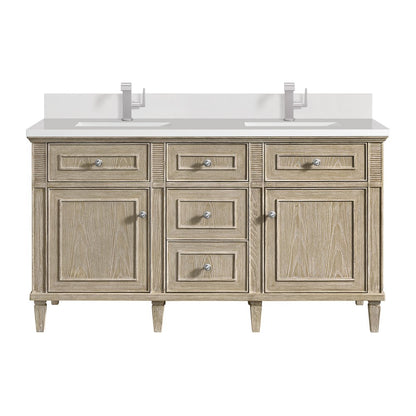 James Martin - Lorelai 60" Double Vanity, Whitewashed Oak w/ Single Hole 3 CM White Zeus Silestone Top & Backsplash - 424-V60D-WWO-1WZ view 1