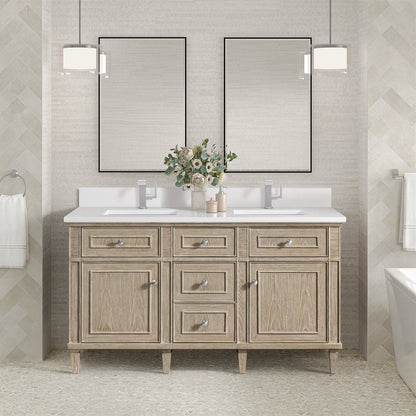 James Martin - Lorelai 60" Double Vanity, Whitewashed Oak w/ Single Hole 3 CM White Zeus Silestone Top & Backsplash - 424-V60D-WWO-1WZ view 2