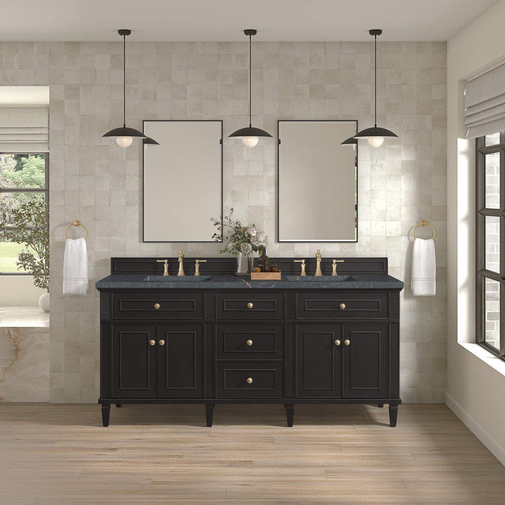 James Martin - Lorelai 72" Double Vanity, Black Onyx w/ 3 CM Parisien Bleu Silestone Top w/FreePower Wireless Charger - 424-V72-BKO-FPBL view 4