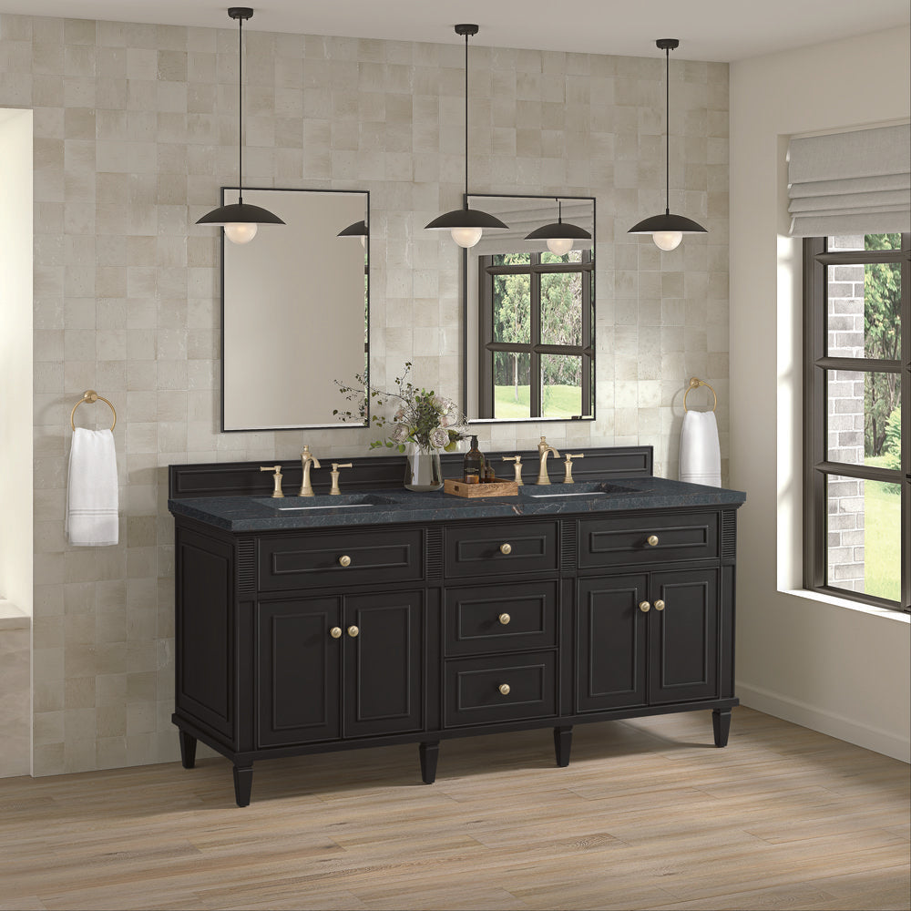 James Martin - Lorelai 72" Double Vanity, Black Onyx w/ 3 CM Parisien Bleu Silestone Top w/FreePower Wireless Charger - 424-V72-BKO-FPBL view 5