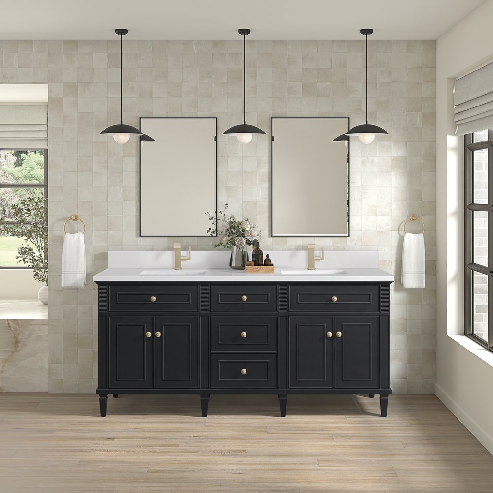 James Martin - Lorelai 72" Double Vanity, Black Onyx w/ Single Hole 3 CM White Zeus Silestone Top & Backsplash - 424-V72-BKO-1WZ view 2