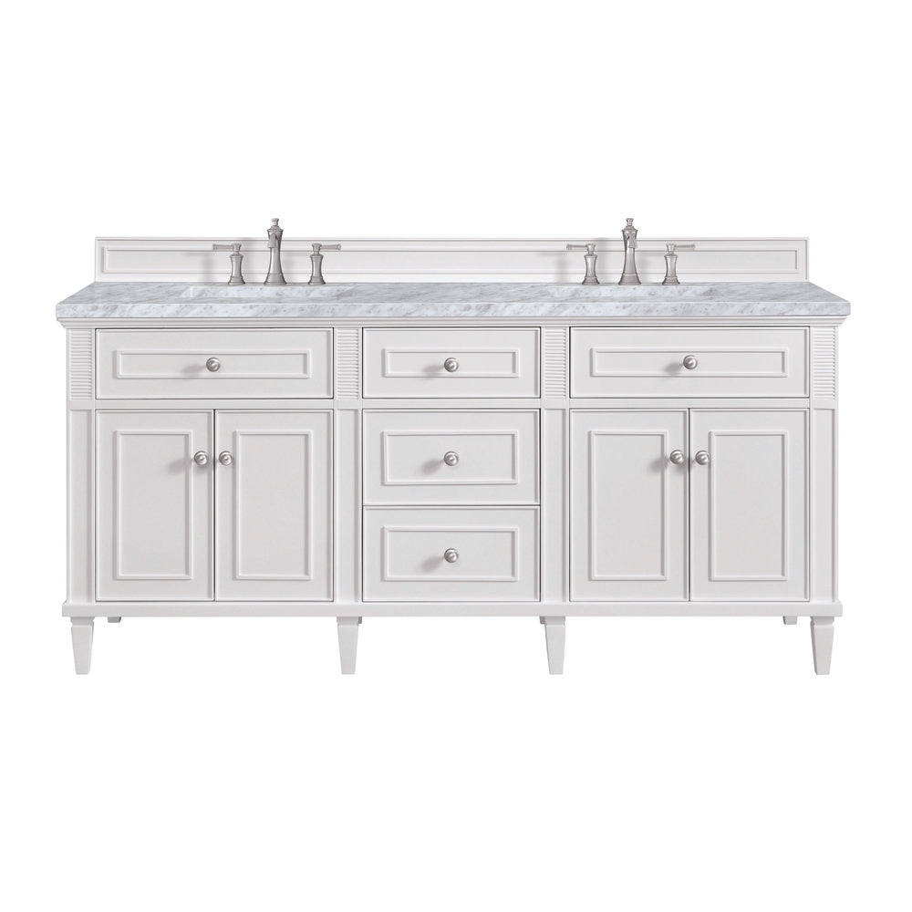 James Martin - Lorelai 72" Double Vanity, Bright White w/ 3 CM Carrara White Marble Top - 424-V72-BW-3CAR view 1