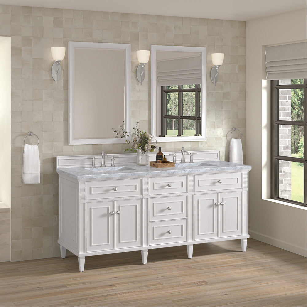 James Martin - Lorelai 72" Double Vanity, Bright White w/ 3 CM Carrara White Marble Top - 424-V72-BW-3CAR view 4