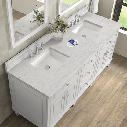 James Martin - Lorelai 72" Double Vanity, Bright White w/ 3 CM Eternal Jasmine Pearl Silestone Top w/FreePower Wireless Charger - 424-V72-BW-FEJP view 8