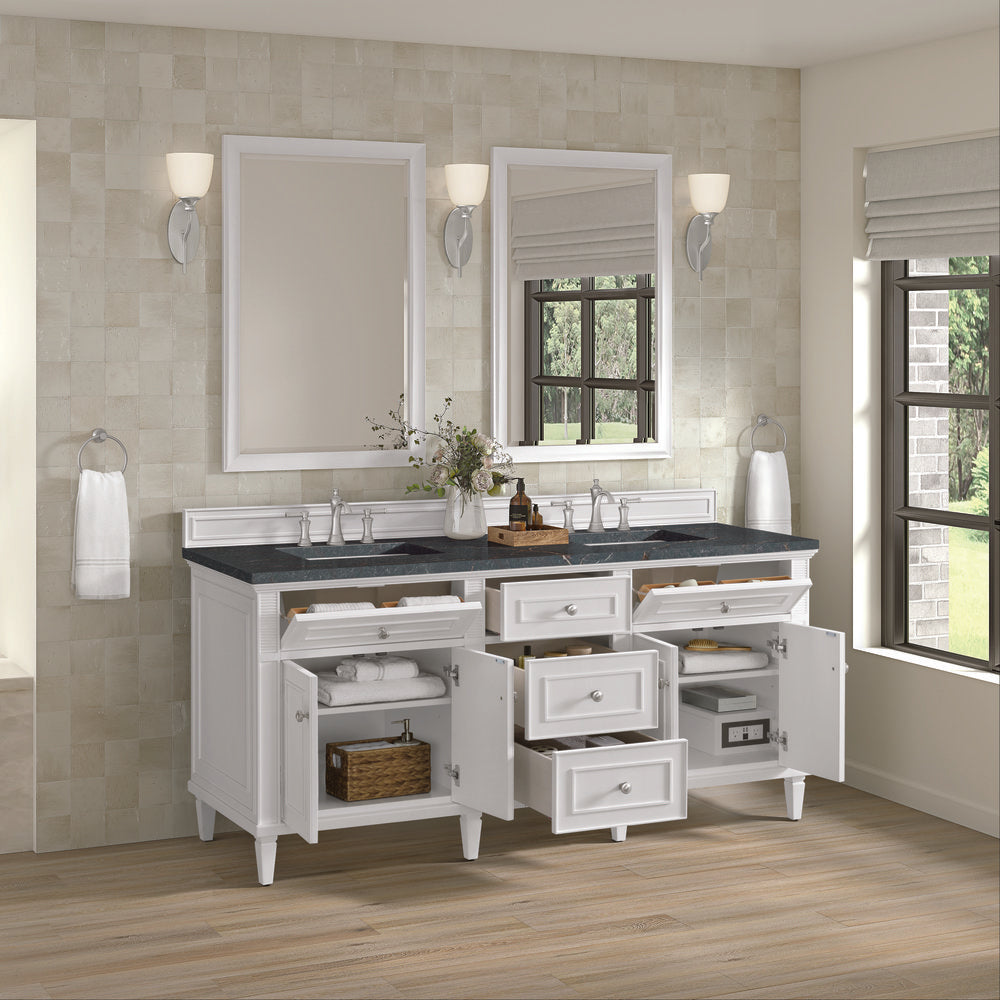 James Martin - Lorelai 72" Double Vanity, Bright White w/ 3 CM Parisien Bleu Silestone Top w/FreePower Wireless Charger - 424-V72-BW-FPBL view 6