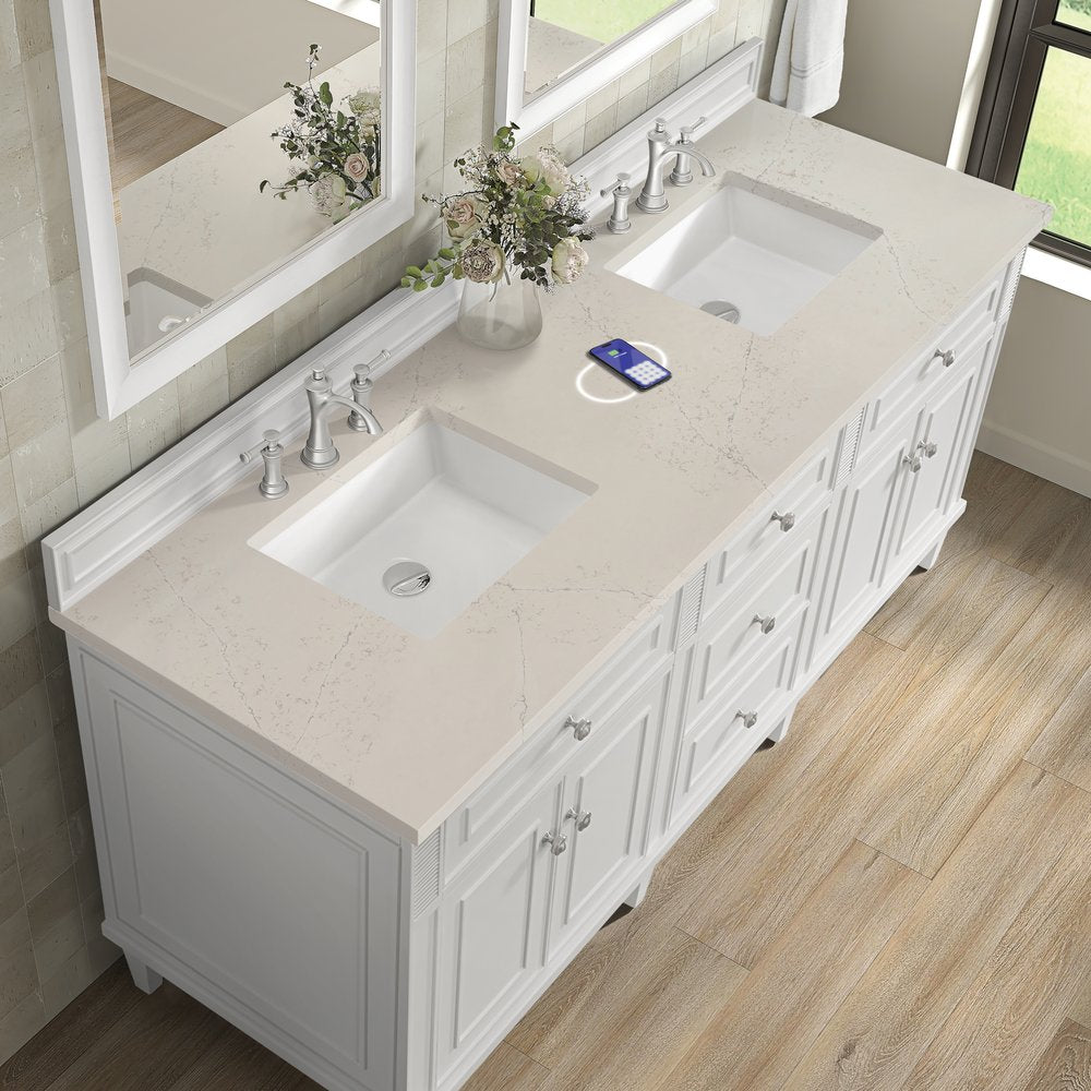 James Martin - Lorelai 72" Double Vanity, Bright White, w/ 3 CM Siberian Silestone Top w/FreePower Wireless Charger - 424-V72-BW-FSFR view 7