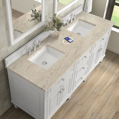 James Martin - Lorelai 72" Double Vanity, Bright White, w/ 3 CM Tajnar Eclos Top w/FreePower Wireless Charger - 424-V72-BW-FTJR view 7