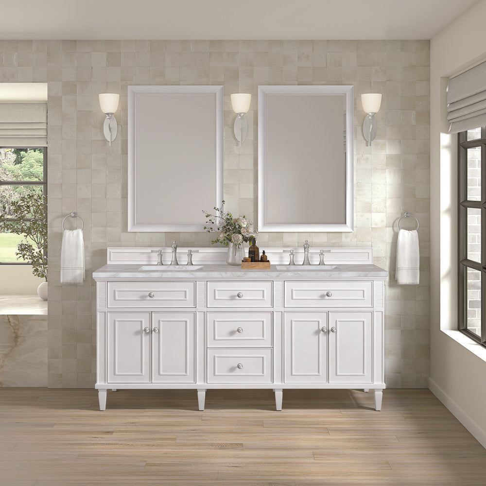 James Martin - Lorelai 72" Double Vanity, Bright White w/ 3 CM Victorian Silver Silestone Top - 424-V72-BW-3VSL view 3