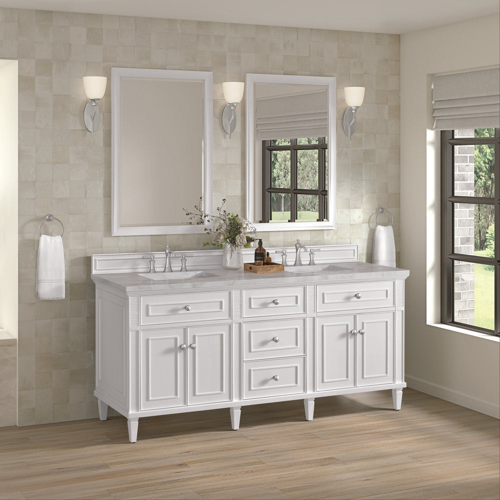 James Martin - Lorelai 72" Double Vanity, Bright White w/ 3 CM Victorian Silver Silestone Top - 424-V72-BW-3VSL view 4