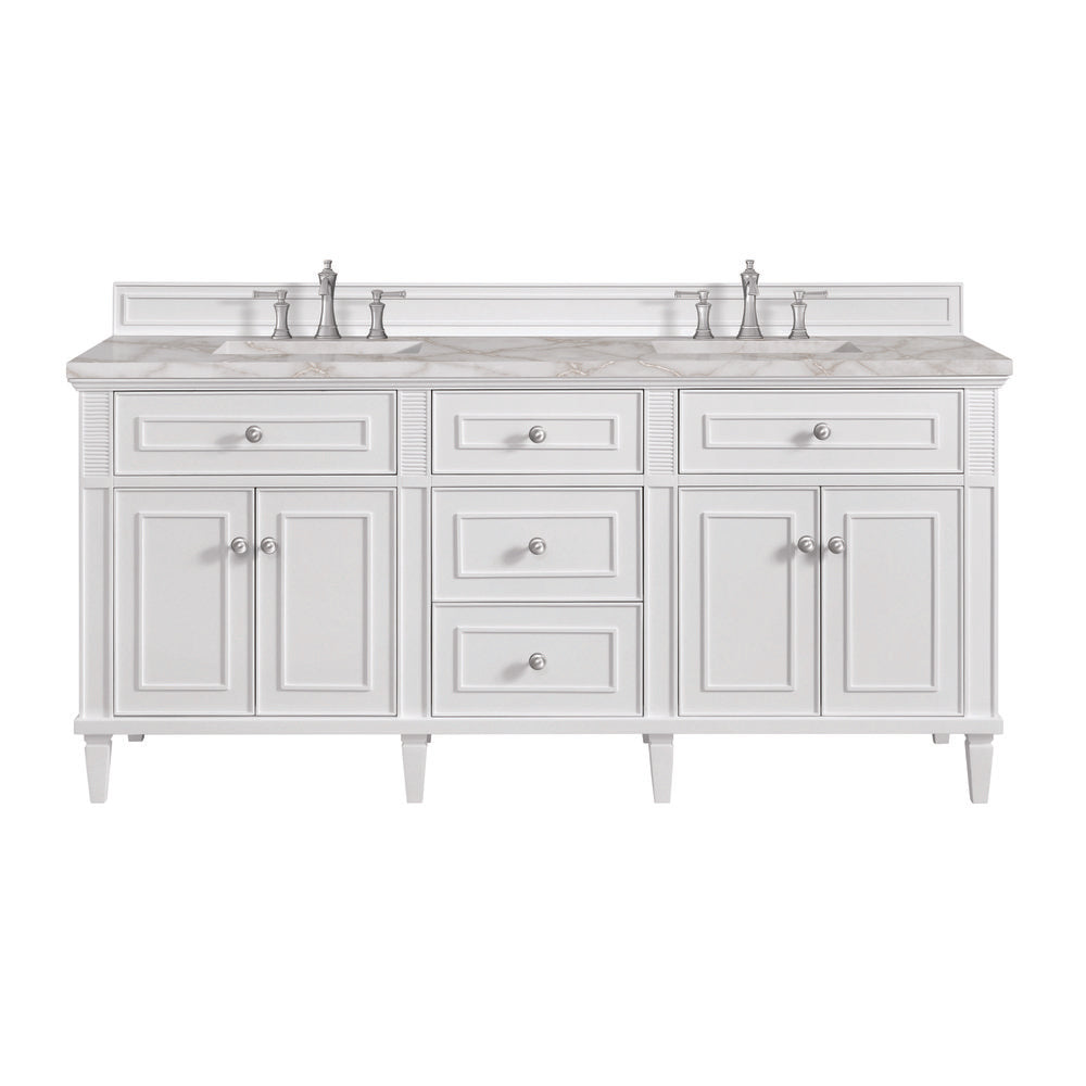 James Martin - Lorelai 72" Double Vanity, Bright White w/ 3 CM Victorian Silver Silestone Top w/FreePower Wireless Charger - 424-V72-BW-FVSL view 1