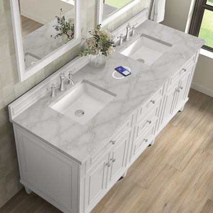 James Martin - Lorelai 72" Double Vanity, Bright White w/ 3 CM Victorian Silver Silestone Top w/FreePower Wireless Charger - 424-V72-BW-FVSL view 8
