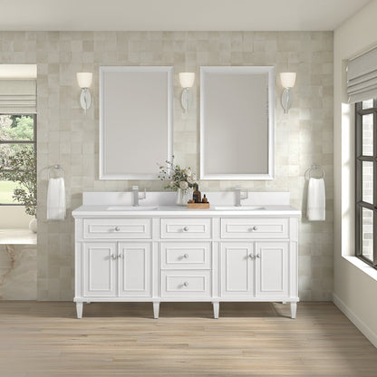 James Martin - Lorelai 72" Double Vanity, Bright White w/ Single Hole 3 CM White Zeus Silestone Top & Backsplash - 424-V72-BW-1WZ view 2