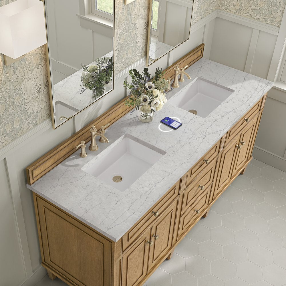 James Martin - Lorelai 72" Double Vanity, Light Natural Oak w/ 3 CM Eternal Jasmine Pearl Silestone Top w/FreePower Wireless Charger - 424-V72-LNO-FEJP view 8