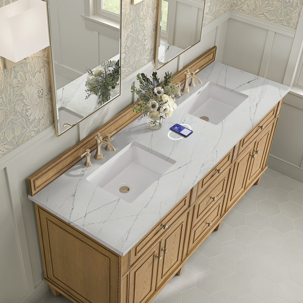James Martin - Lorelai 72" Double Vanity, Light Natural Oak w/ 3 CM Ethereal Noctis Silestone Top w/FreePower Wireless Charger - 424-V72-LNO-FENC view 8