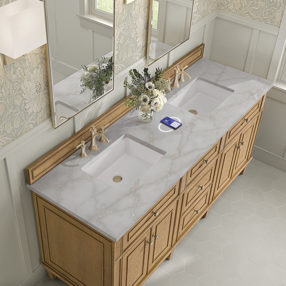 James Martin - Lorelai 72" Double Vanity, Light Natural Oak w/ 3 CM Victorian Silver Silestone Top w/FreePower Wireless Charger - 424-V72-LNO-FVSL view 8