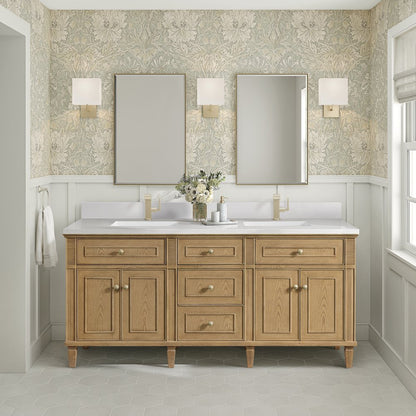 James Martin - Lorelai 72" Double Vanity, Light Natural Oak w/ Single Hole 3 CM White Zeus Silestone Top & Backsplash - 424-V72-LNO-1WZ view 2