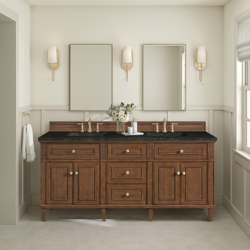 James Martin - Lorelai 72" Double Vanity, Mid-Century Walnut, w/ 3 CM Phantome Eclos Top - 424-V72-WLT-3PHT view 3