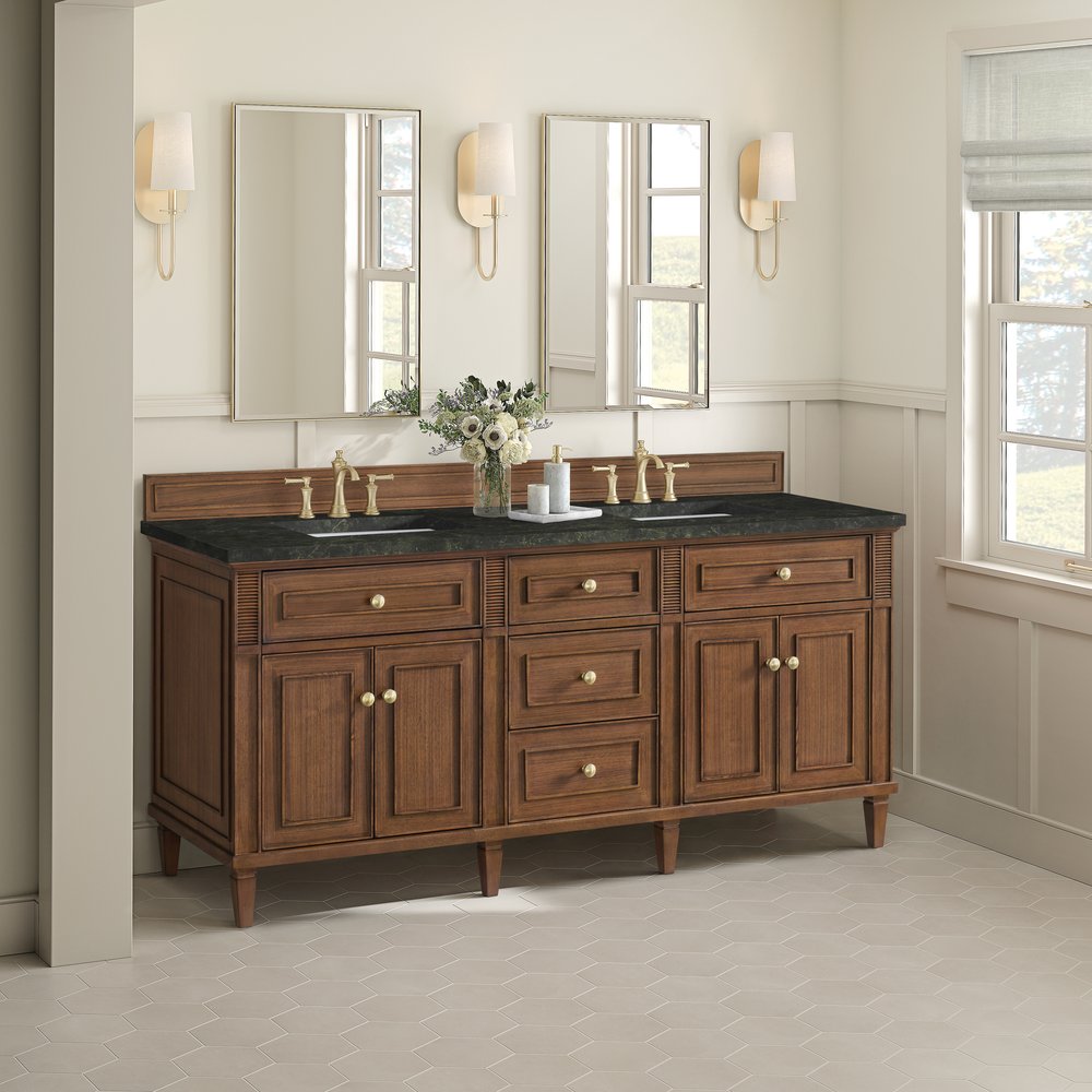 James Martin - Lorelai 72" Double Vanity, Mid-Century Walnut, w/ 3 CM Phantome Eclos Top - 424-V72-WLT-3PHT view 4