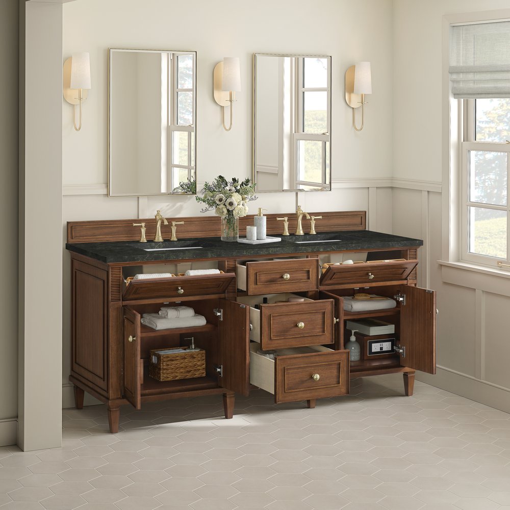 James Martin - Lorelai 72" Double Vanity, Mid-Century Walnut, w/ 3 CM Phantome Eclos Top - 424-V72-WLT-3PHT view 5