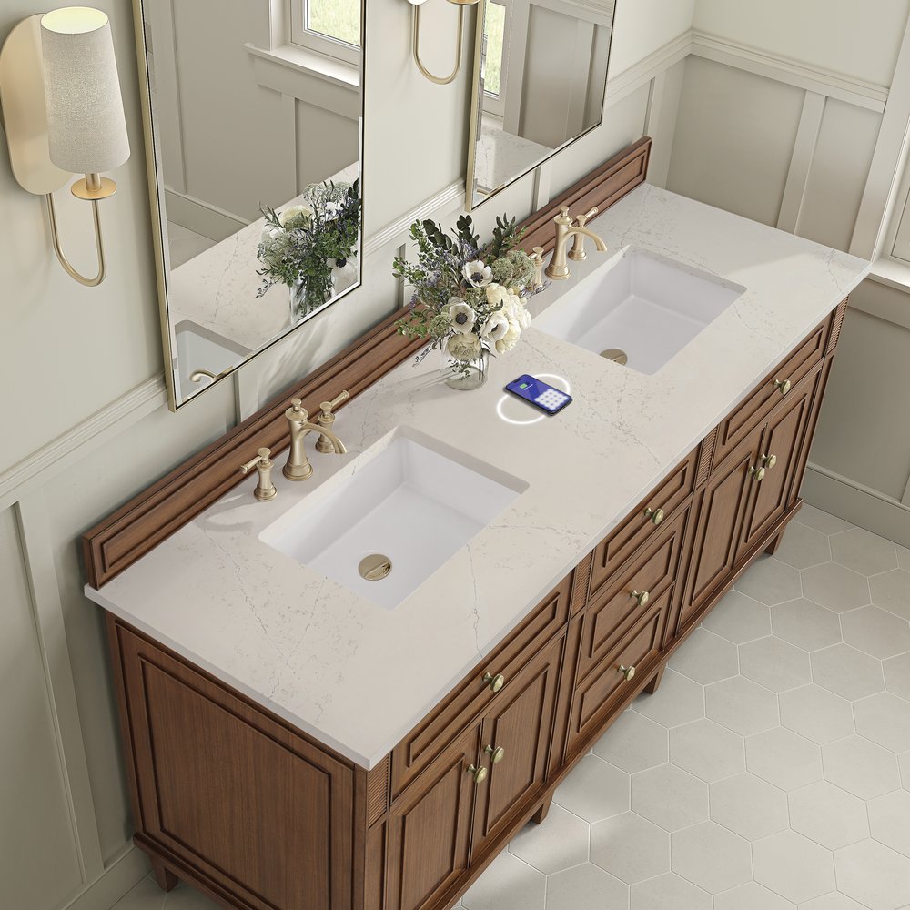 James Martin - Lorelai 72" Double Vanity, Mid-Century Walnut, w/ 3 CM Siberian Silestone Top w/FreePower Wireless Charger - 424-V72-WLT-FSFR view 7