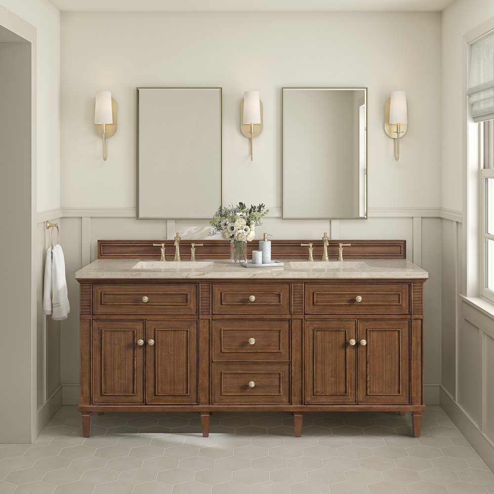 James Martin - Lorelai 72" Double Vanity, Mid-Century Walnut, w/ 3 CM Tajnar Eclos Top - 424-V72-WLT-3TJR view 3