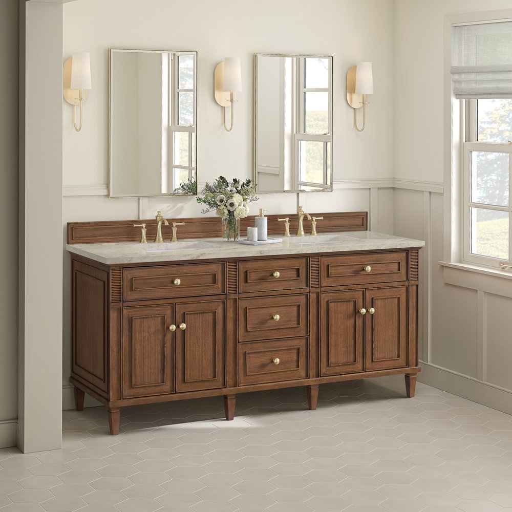 James Martin - Lorelai 72" Double Vanity, Mid-Century Walnut, w/ 3 CM Tajnar Eclos Top w/FreePower Wireless Charger - 424-V72-WLT-FTJR view 4